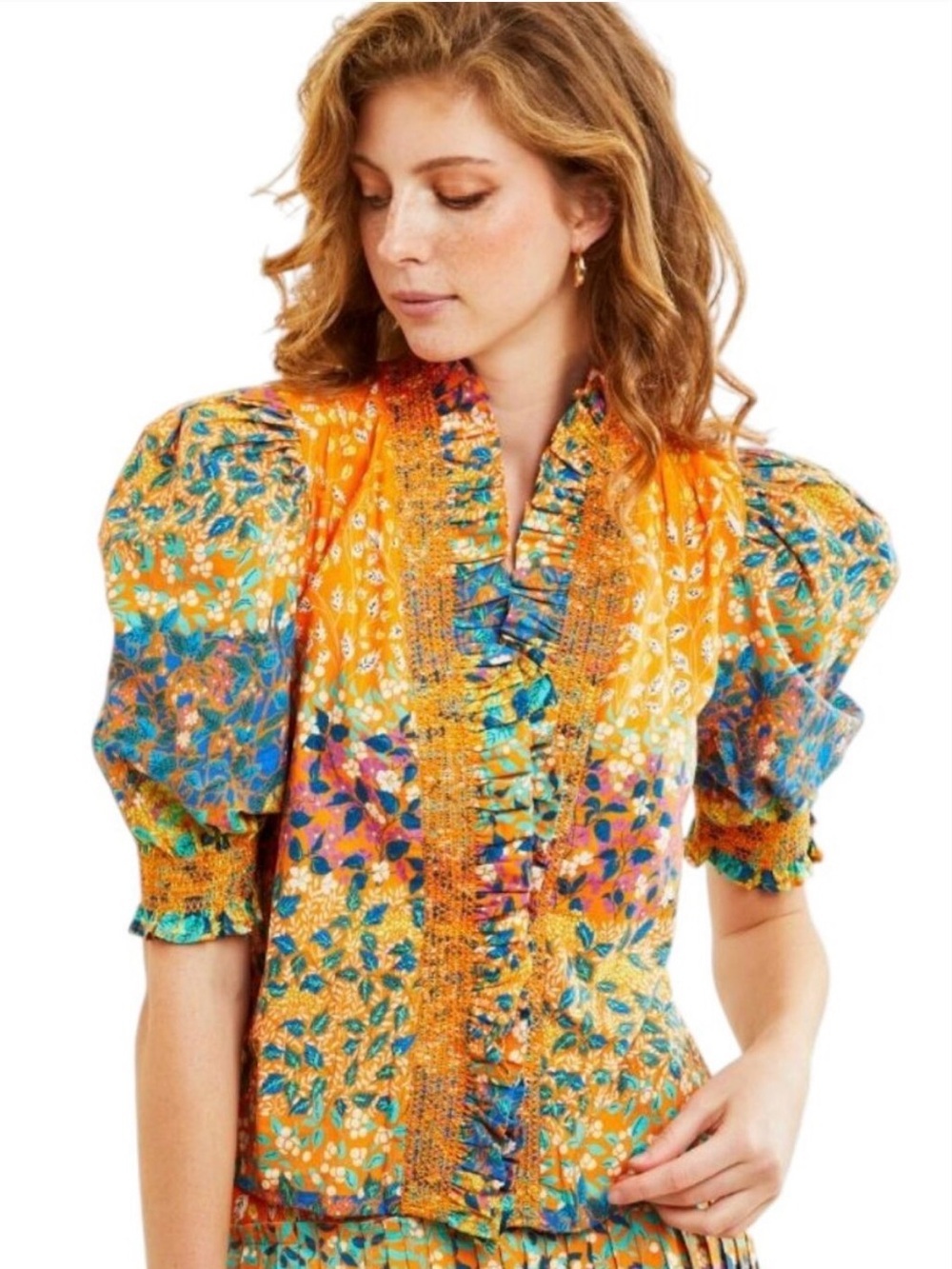 Love the Label Zuri Top Short Puff Sleeve Samira Print Orange Floral Feminine